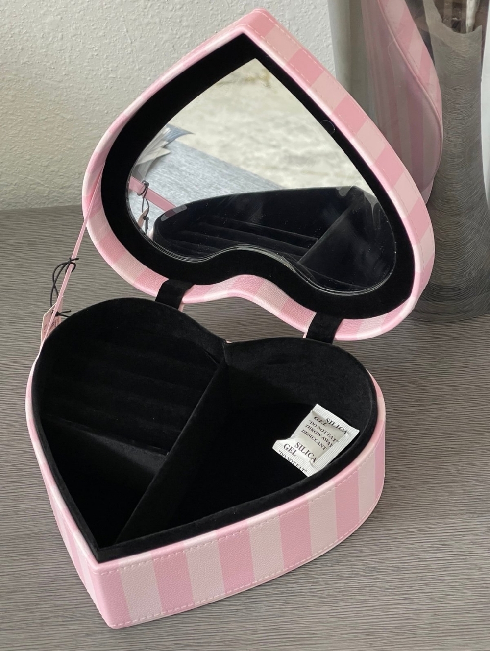 Victoria's Secret - Heart-Shaped Pink Striped Jewelry Box with Mirror